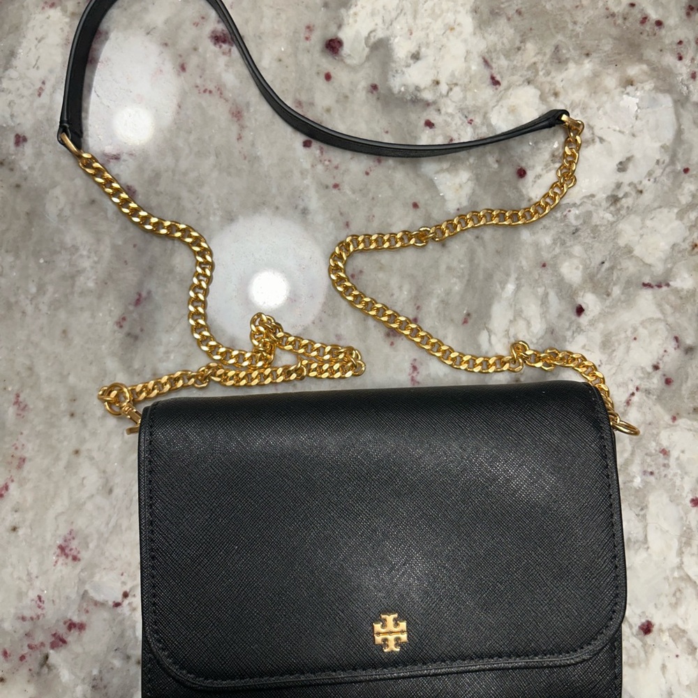 Tory Burch Black Leather Crossbody Bag with Gold Chain